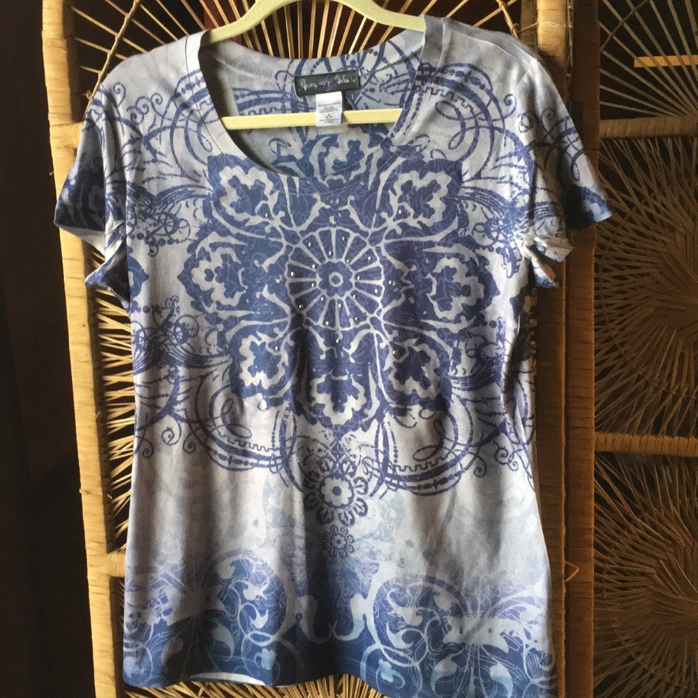 5/$25 APPROPRIATE BEHAVIOR Mandala Rhinestone Short Sleeve Graphic Tee Blue Med - Picture 9 of 10